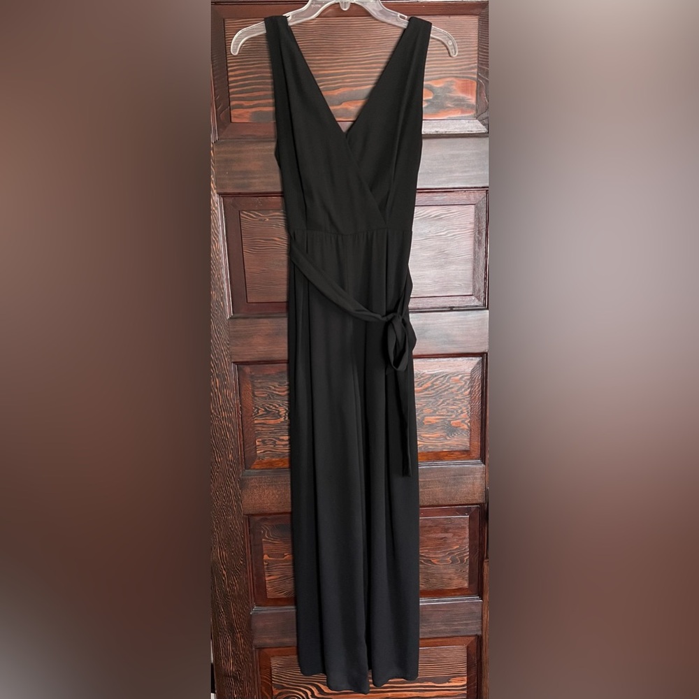 Small Black V-Neck Tie-waist Sheer Jumpsuit